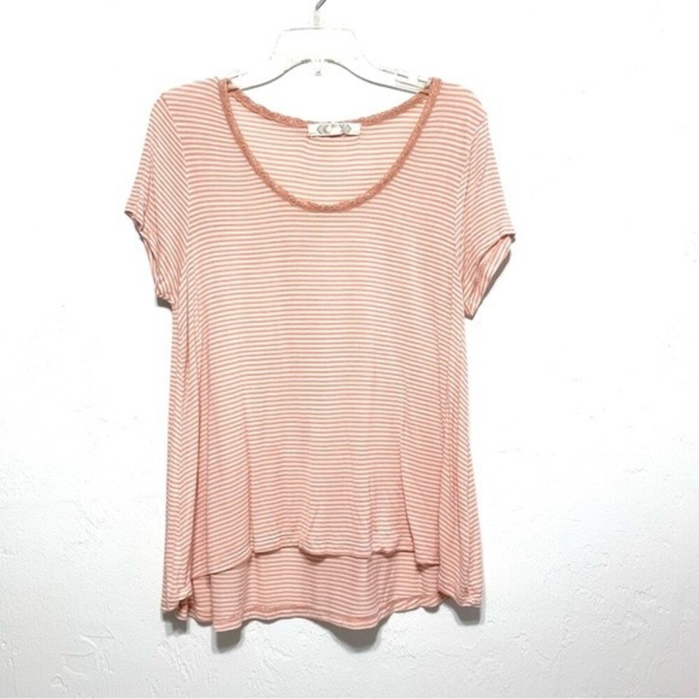 Pink Rose Light Pink White Stripe Short Sleeve Oversized Lightweight Shirt Large
